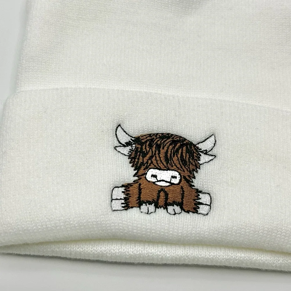Highland Cow Cattle Cartoon Animal Beanie Hat Cap Knit Cuff White Outdoors